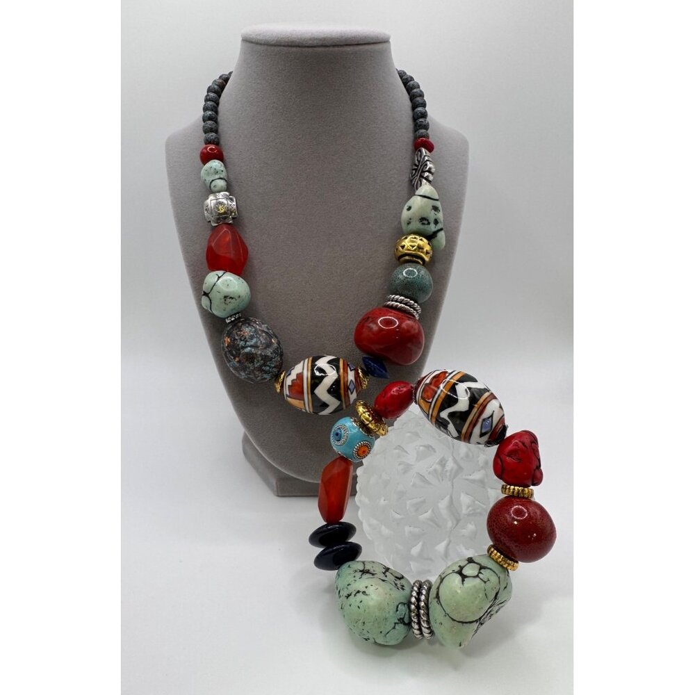 Chunky Boho Beaded Necklace & Bracelet Set Howlite Ceramic Acrylic Stone